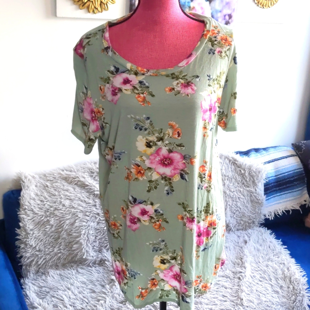 Mint Green Pink Floral Flowy Tee Sz XL